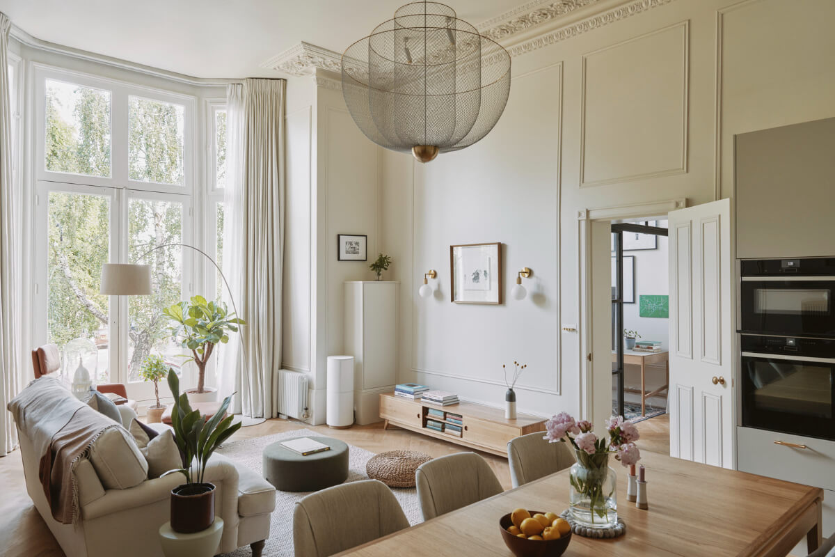 light open-plan living space victorian house stucco