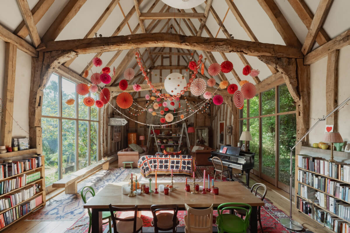 Colorful Interiors and Period Features in a 16th-Century Farmhouse 1 living space former barn exposed beams large windows