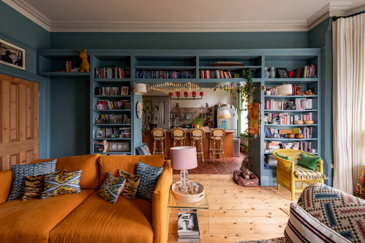 Behr Color of the Year 2026: Hidden Gem 20 blue kitchen living room built-in bookshelves