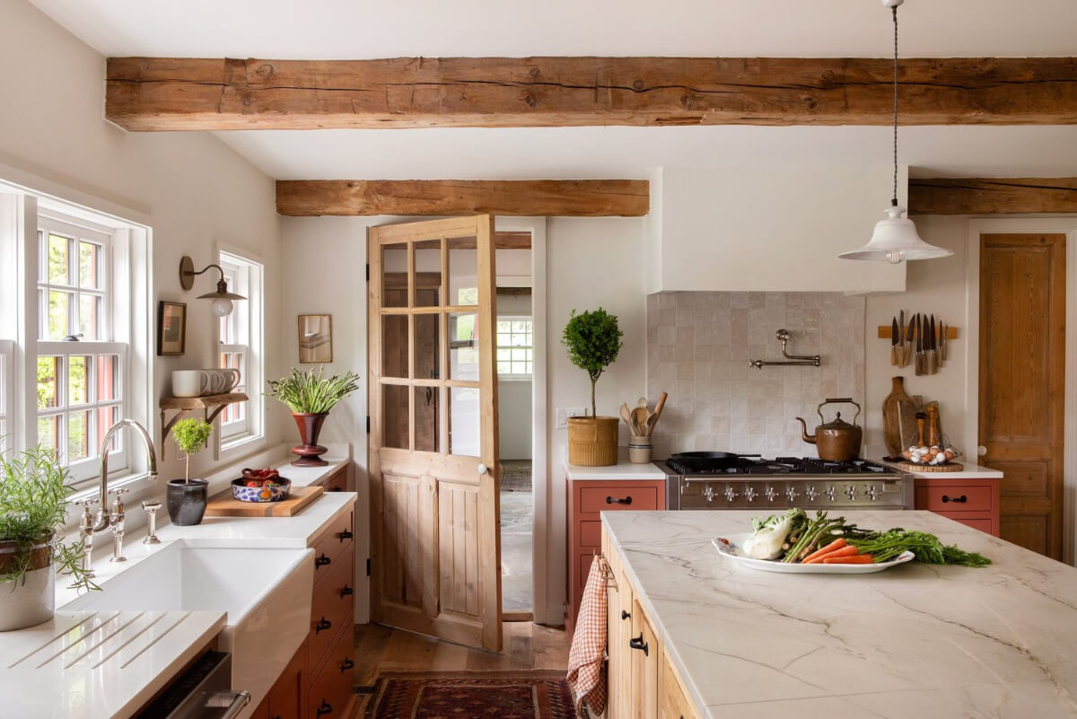 A Reimagined Farmhouse by Corbin Bernsen and Amanda Pays Lists for $4.6 Million 12 butler sink under window terracotta colored cabinets