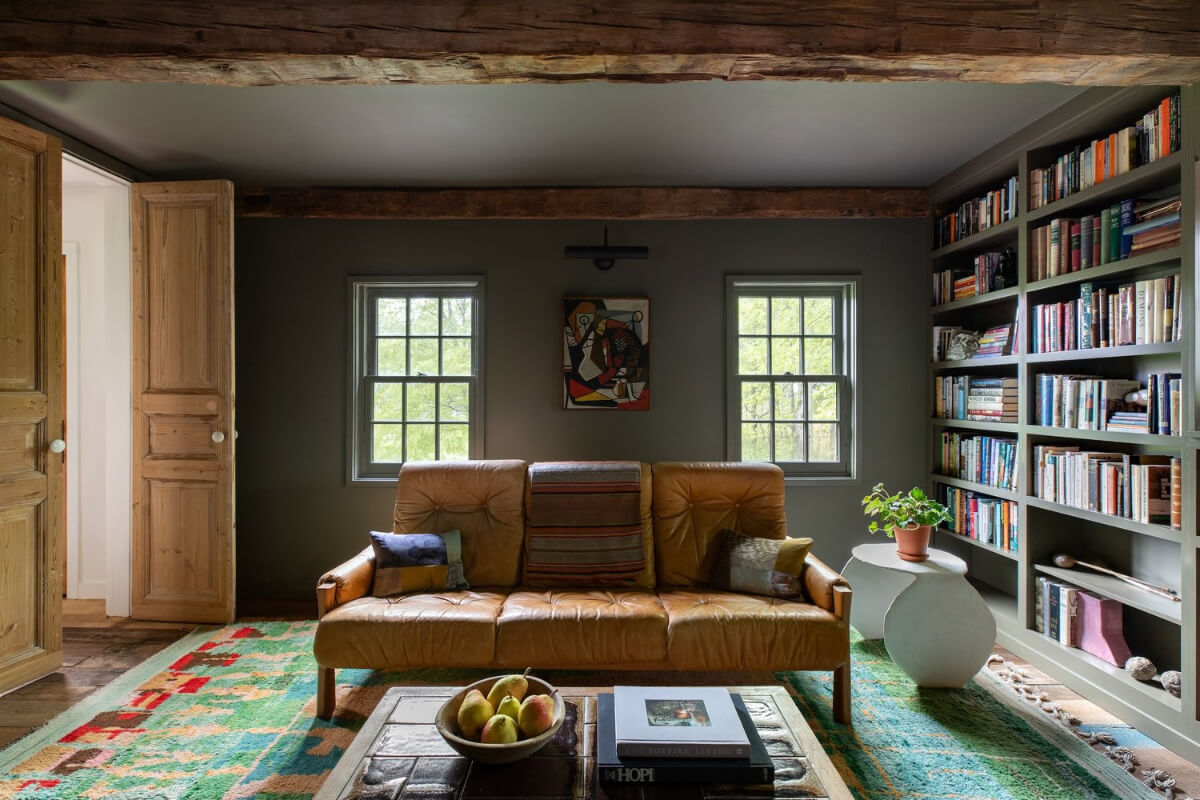 A Reimagined Farmhouse by Corbin Bernsen and Amanda Pays Lists for $4.6 Million 9 dark gray library room wooden beams