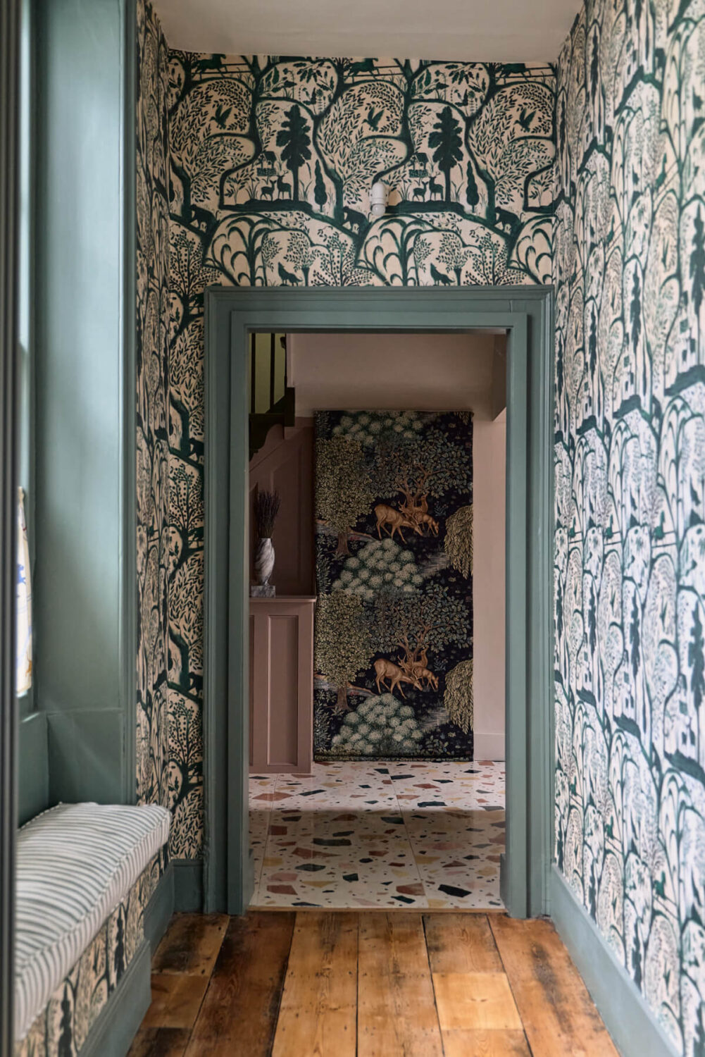 A Colorful Design-Led Georgian House in the Heart of Henley-on-Thames 14 hall wallpaper window bench rustic floorboards A Colorful Design-Led Georgian House in the Heart of Henley-on-Thames