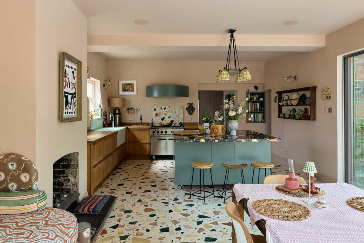 A Colorful Design-Led Georgian House in the Heart of Henley-on-Thames 1 kitchen and dining space terrazzo floor tiles fireplace
