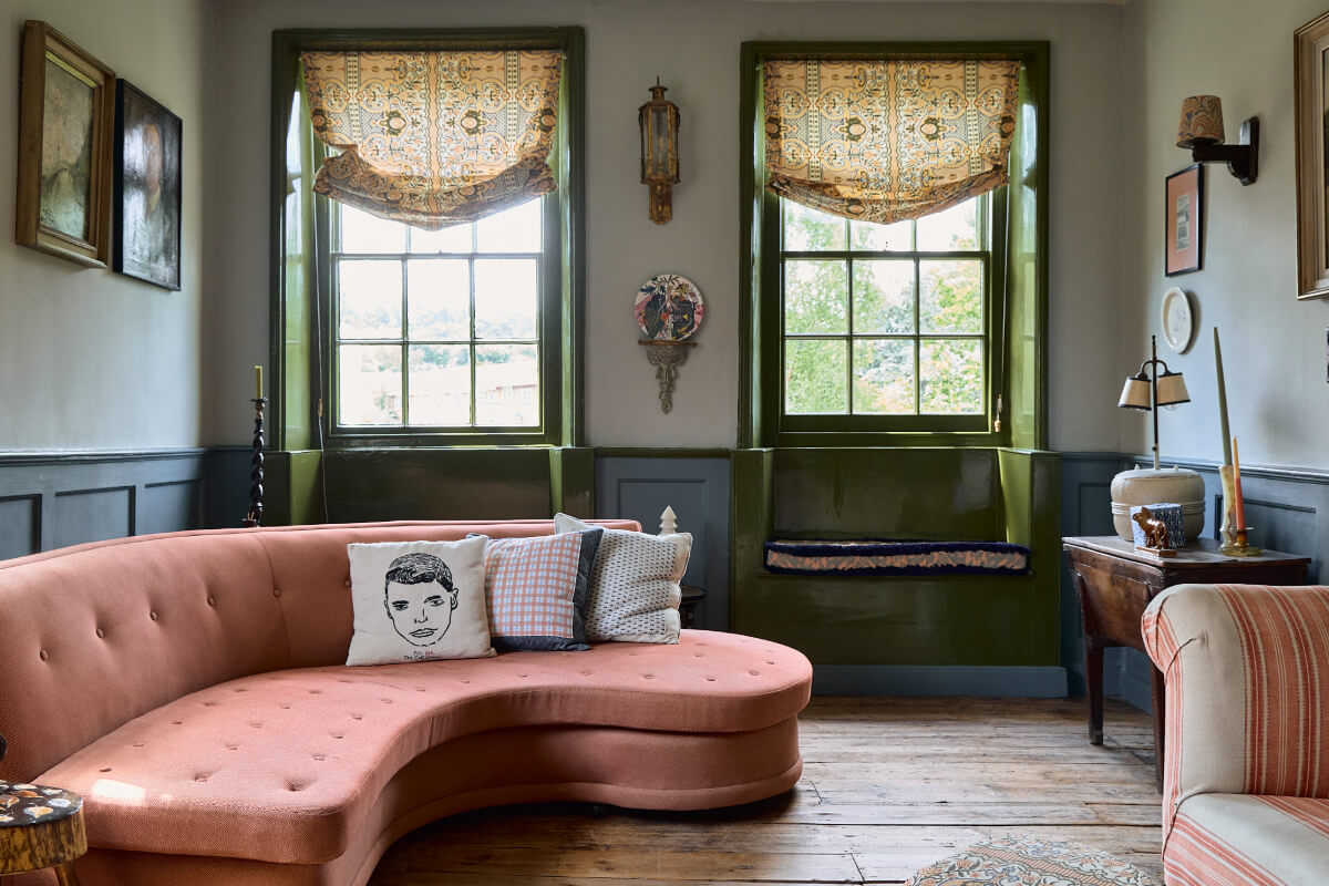 A Colorful Design-Led Georgian House in the Heart of Henley-on-Thames 28 sitting room green window frames with window seats