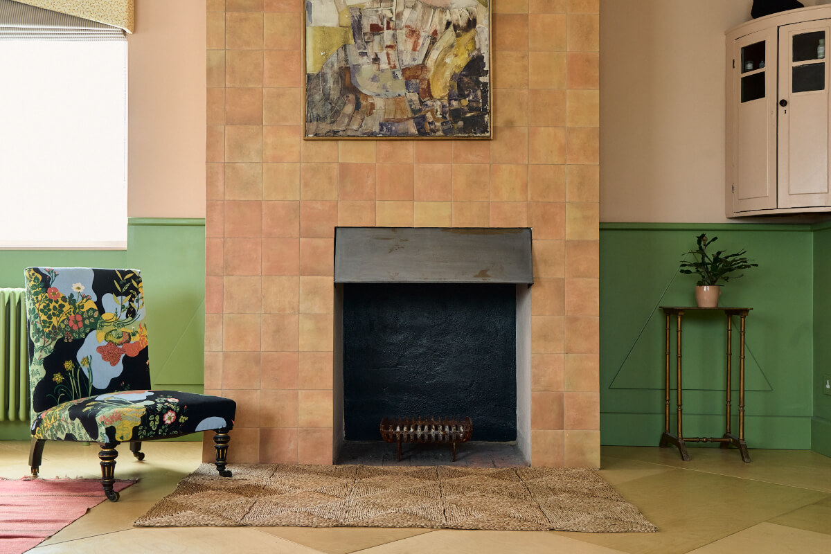 A Colorful Design-Led Georgian House in the Heart of Henley-on-Thames 32 tiled fireplace mantel