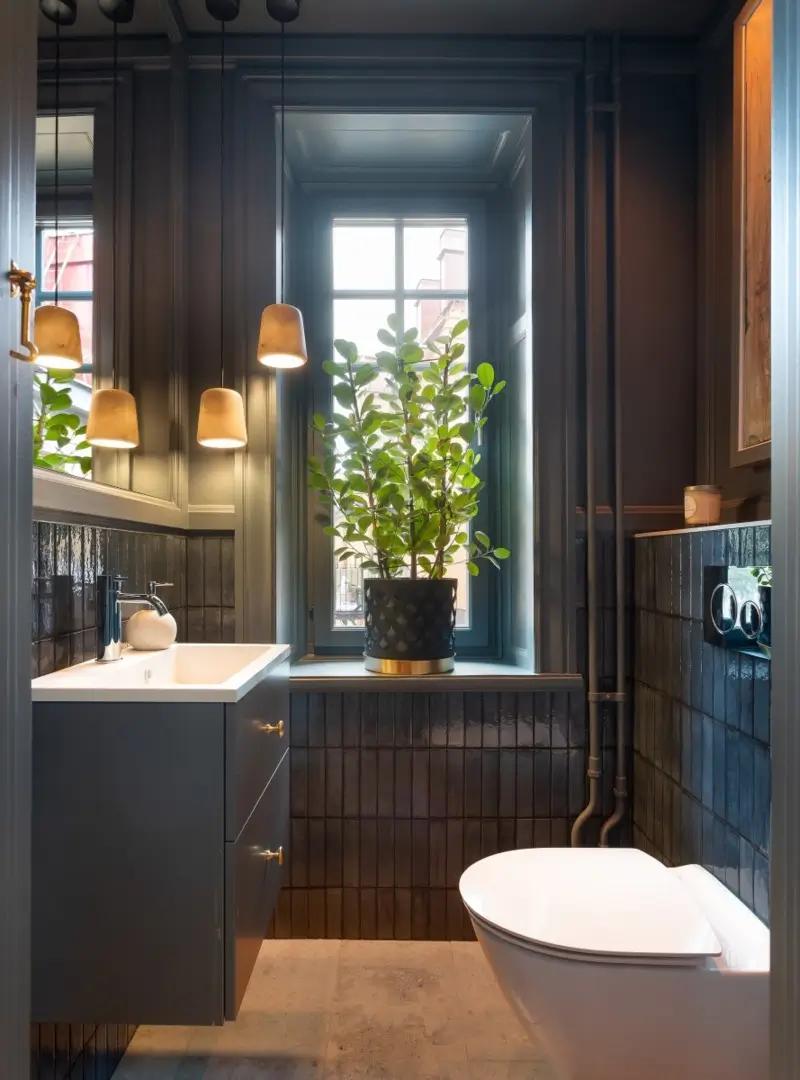 A Harmonious Color Palette in a Luxurious Stockholm Duplex Apartment 13 bathroom dark blue tiles deep window niche