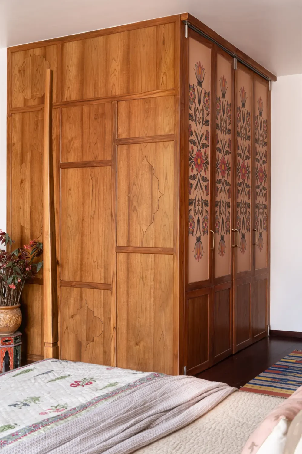 A South Indian Family Home Where Heritage Meets Bold Color Choices 14 bedroom built-in wardrobes floral pattern doors