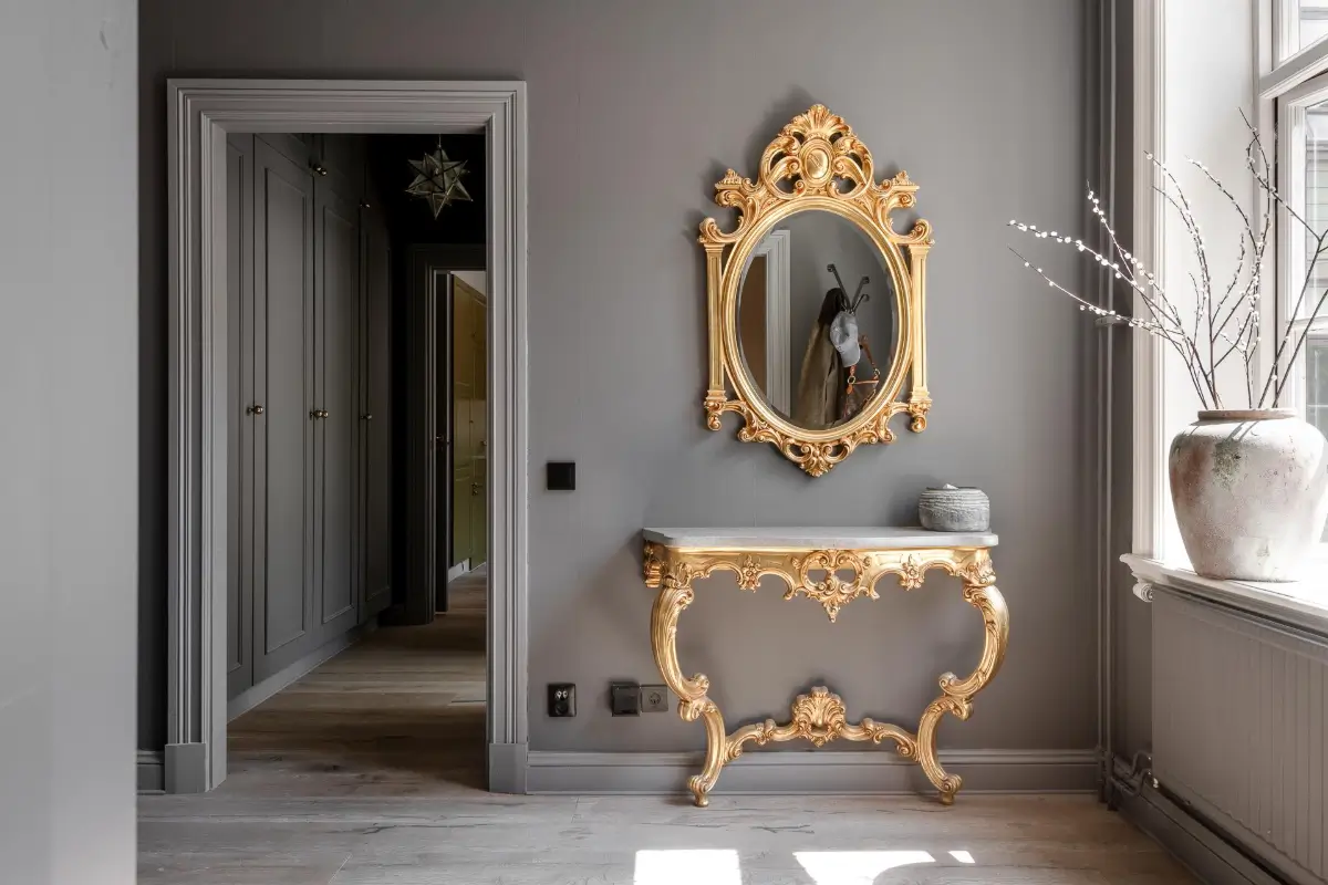 A Dark Gray Swedish Apartment with an Olive Green Kitchen 25 gray hall antique table mirror