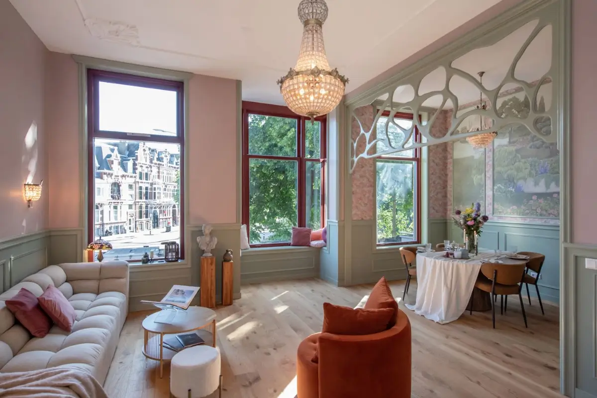 Art Nouveau Elegance Meets Modern Living in a Pink & Green Apartment 1 large windows pink and green apartment