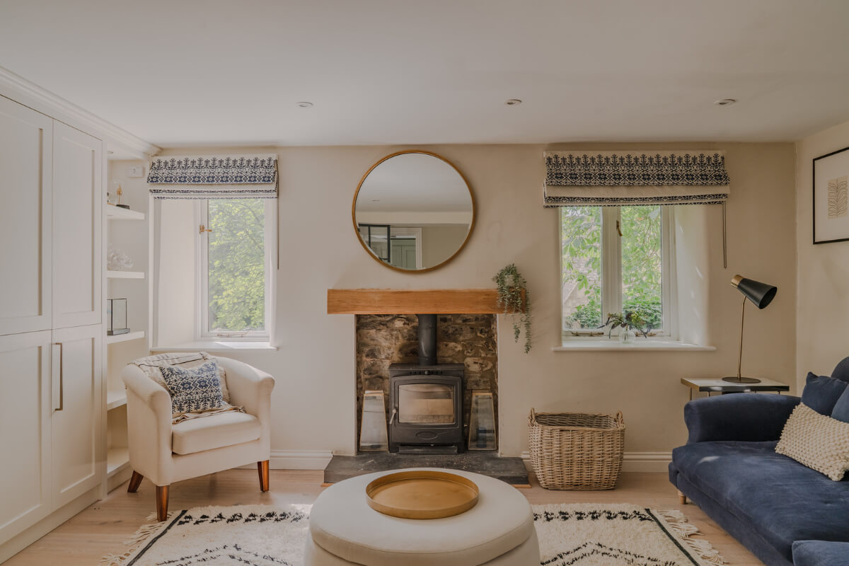 A Stone English Cottage with a Blue and Pink Kitchen 10 sitting room log burner