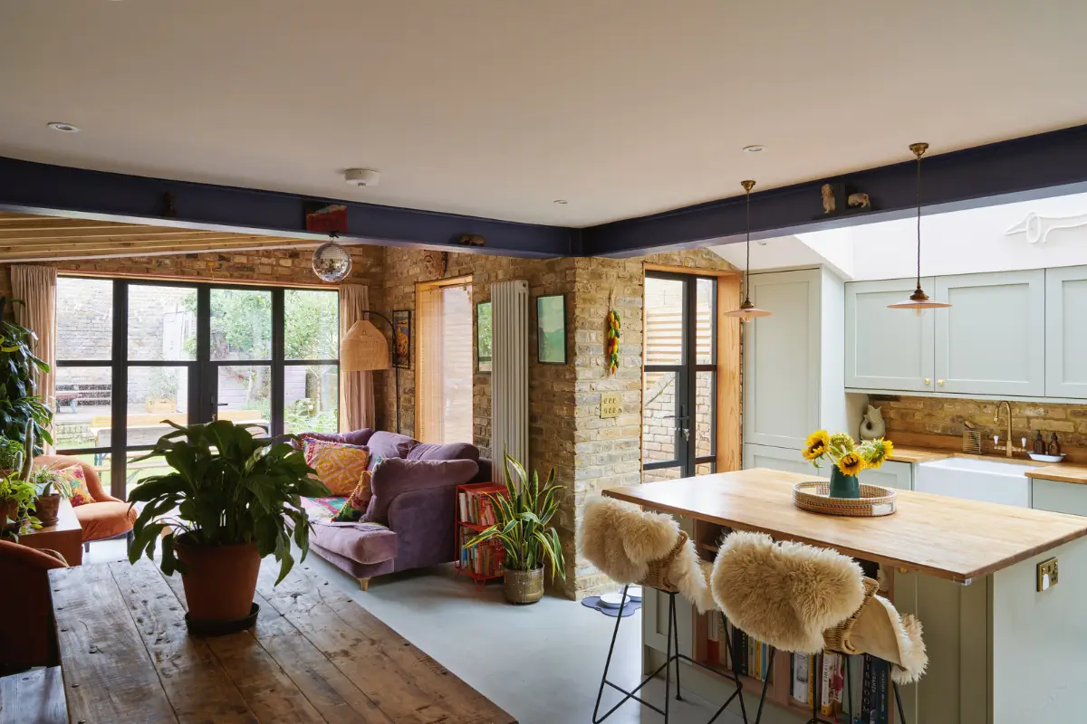 An Extended Victorian Apartment with Exposed Brick Walls 1 extended open-plan living room kitchen brick walls