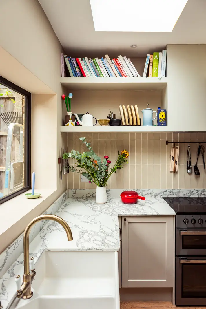 Period Elements and Subtle Color Accents in a Victorian Family Home 12 kitchen beige-pink backsplash tiles built-in shelves