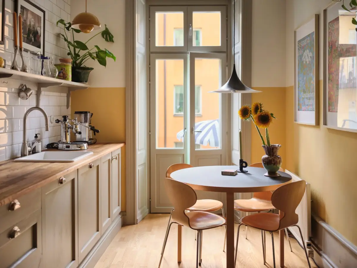 Color, Books, and a Walk-In Wardrobe in a Small Stockholm Apartment 4 kitchen-gray-cabinets-round-table-yellow-walls-nordroo
