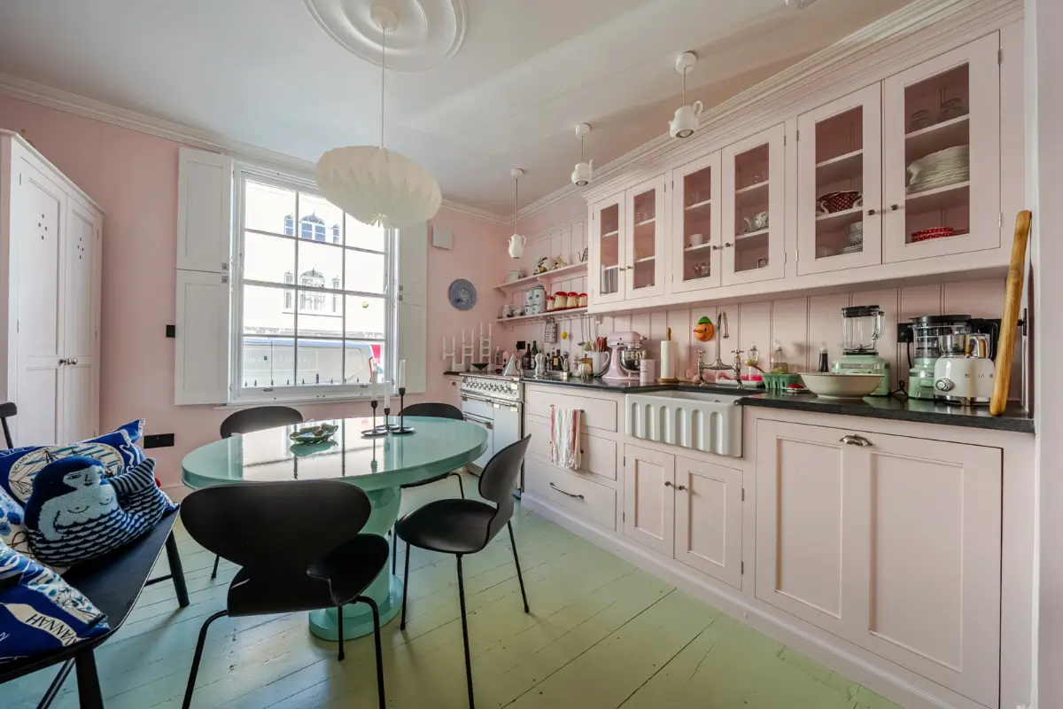 A London Family Home with a Pink deVOL Kitchen and Mint-Green Floorboards 4 devol-kitchen-pink-cabinets-butler-sink-mint-green-floorboards