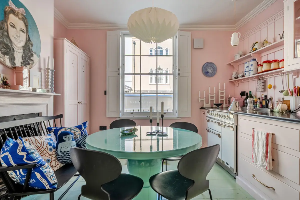 A London Family Home with a Pink deVOL Kitchen and Mint-Green Floorboards 3 pink-devol-kitchen-mint-green-floorboards-round-table